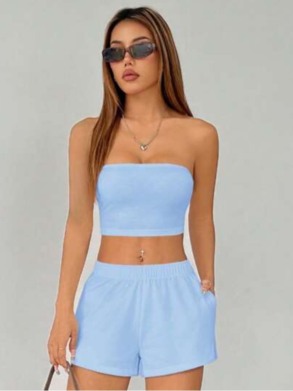 Everyday Light Blue Elastic-Waist Women’s Shorts and Tube Top Set